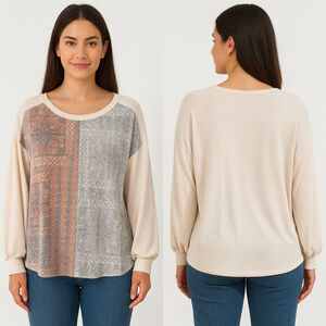 Women's Lovely J Long Sleeve Tee M Beige Orange Patterned